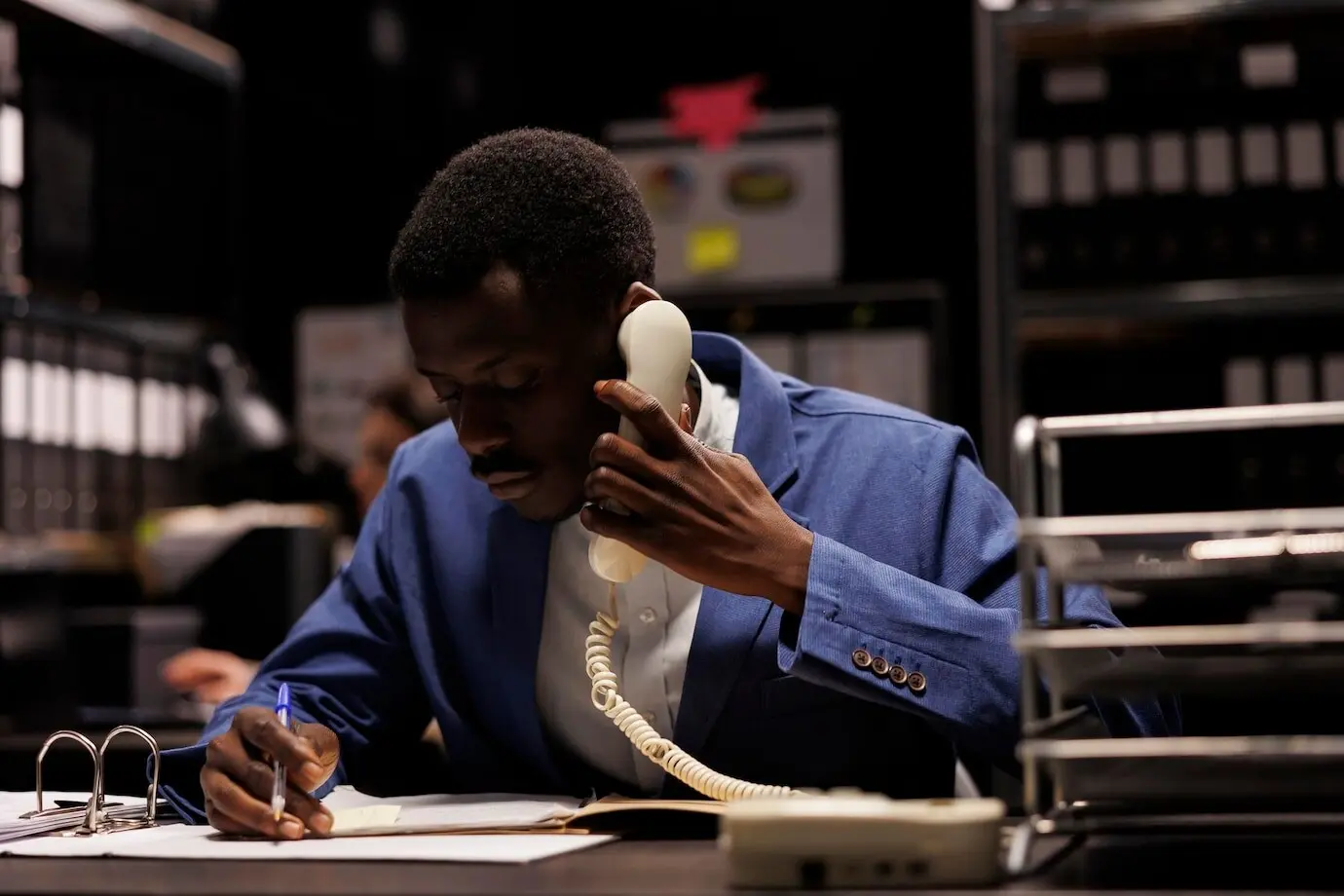 В складском помещении менеджер-афроамериканец разговаривает по стационарному телефону, обсуждая исследование по менеджменту с удалённым бухгалтером. Бизнесмен работает поздно ночью над бухгалтерским отчётом.