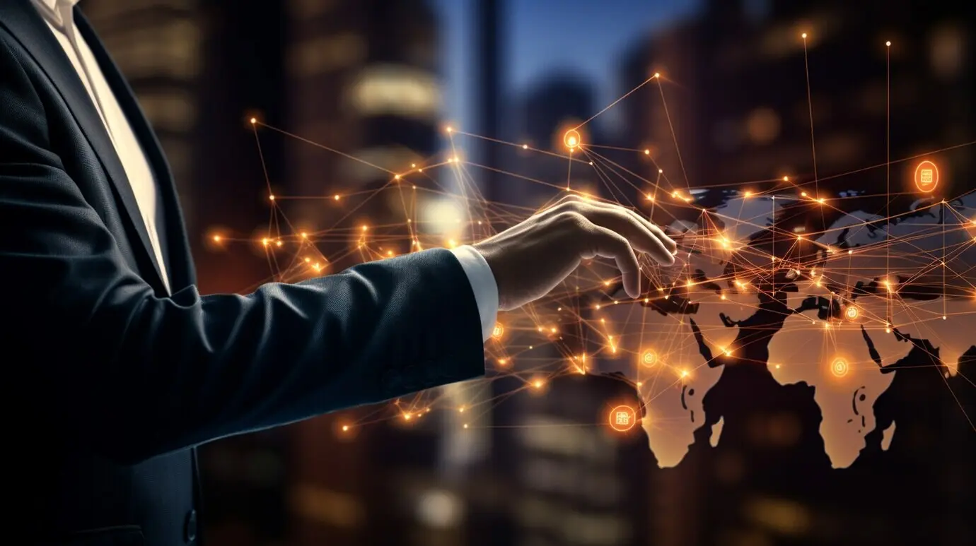 Деловой человек в футуристическом бизнес-окружении.